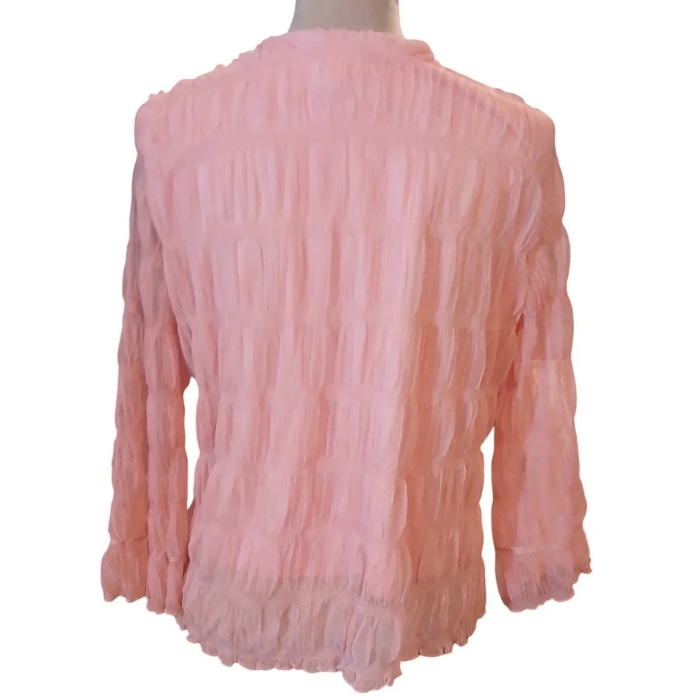 Massini Pink Ruffled V-Neck Blouse Mesh Pleated Top Large Fairy Feminine Stretch - Picture 5 of 9
